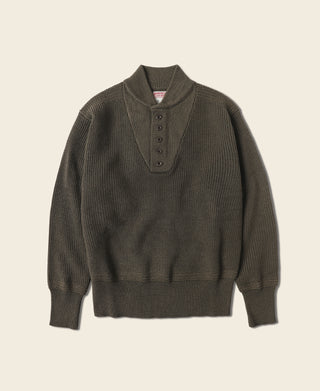 Olive wool high-neck sweater pullover with four-button henley placket