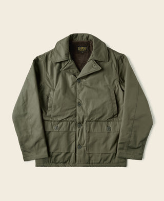 Olive AL-1 flight jacket with button front and stand collar, quilted lining