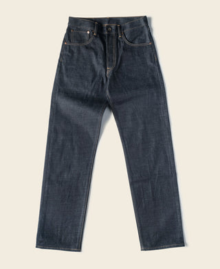 Indigo selvedge denim jeans with straight legs and dark wash finish