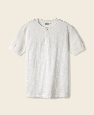 Loopwheel tubular henley t-shirt in white, short sleeves, three-button placket