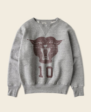 Gray crewneck sweater with V-neck insert, large bull graphic and number 10 print