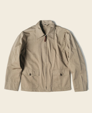Khaki summer flight jacket with stand collar, front zip, and two chest pockets