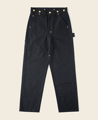 Navy canvas double knee pants with brass rivets and straight-leg fit