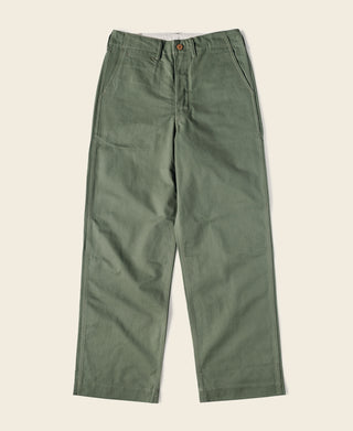 Olive drawstring-topped officer-style trousers with front button closure and pleated front