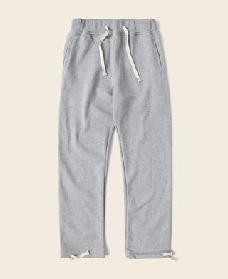 Gray sweatpants product shot: drawstring waistband, side pockets, straight legs