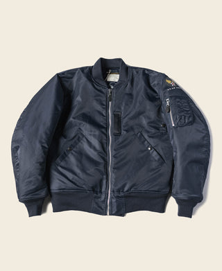 Navy flight jacket with front zipper, ribbed cuffs, and side pockets
