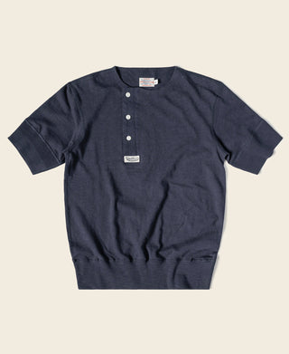 Navy short-sleeve henley T-shirt with three-button placket
