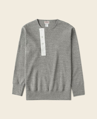 Gray long-sleeve henley shirt front view with button placket and size tag