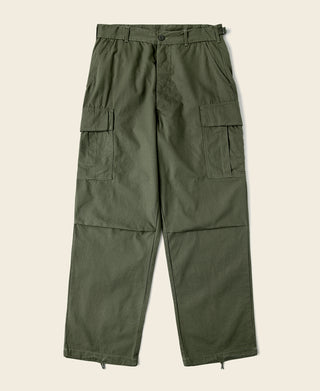 Olive cargo fatigue pants with elastic waistband and side cargo pockets