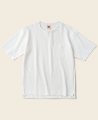 White crew-neck pocket T-shirt, flat lay with short sleeves