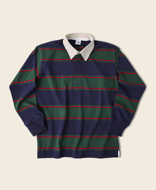 Mens rugby shirt with navy base, green and red horizontal stripes, white contrast collar