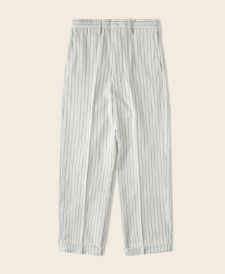White work pants with vertical blue pinstripes, pleated front and straight legs