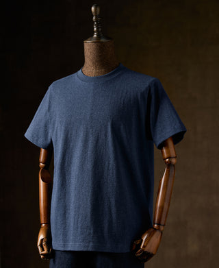 Denim blue cotton T-shirt on mannequin, short sleeves and crew neck