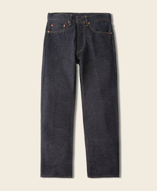 Selvedge denim jeans back view with dark indigo denim and centered yoke seams