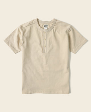 Apricot cotton henley T-shirt, short sleeves, front button placket and crew neckline