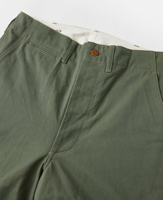 Olive officer trousers front with waistband, belt loops, and button