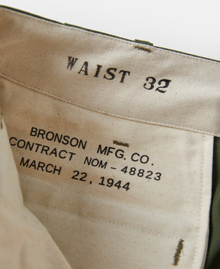 Waist 32 label inside olive officer trousers: Bronson Mfg. Co. contract info
