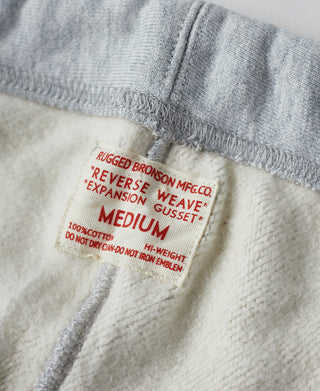 Gray sweatpants size tag: RUGGED BRONSON MFG CO 'REVERSE WEAVE' MEDIUM.