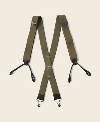 Olive X-back suspenders with adjustable straps, black clip ends, and metal hardware
