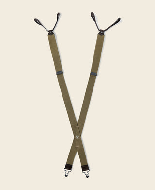 Olive X-back suspenders with adjustable straps and hanging black clips