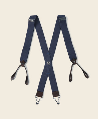 Navy X-back suspenders with front leather-look tabs and adjustable metal clips