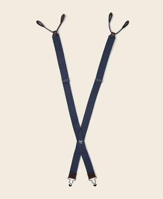 Navy X-back suspenders with adjustable clips and metal hardware
