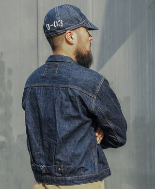 WWII Type 1 selvedge denim jacket, dark indigo, side back view with yoke seams