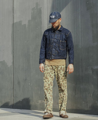 WWII Type 1 selvedge denim jacket, dark indigo, front view with chest flap pocket