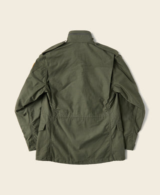 Olive field jacket back view with stand collar and flap pockets