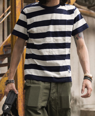 Heavyweight striped cotton T-shirt, short sleeves; navy/white horizontal stripes