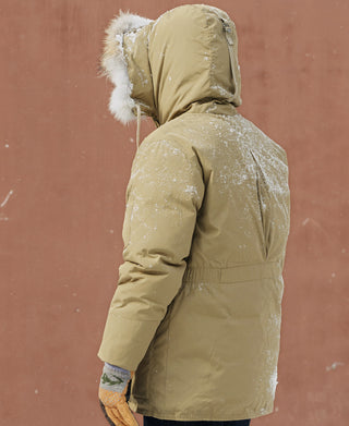 Khaki parka back view with faux fur hood trim and waist pocket