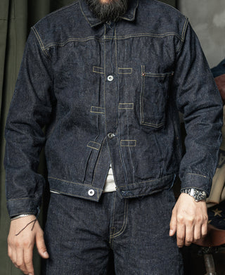 Indigo denim work jacket with button front and flap chest pockets