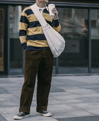 Yellow and navy striped jersey rugby shirt with white collar and long sleeves