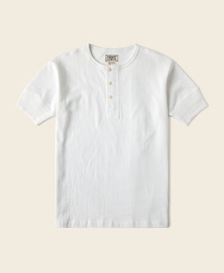White henley T-shirt with button placket and short sleeves