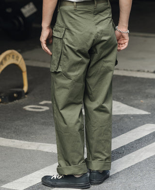 Olive fatigue trousers with multiple cargo pockets and roomy straight-leg fit