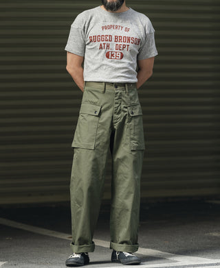 Olive fatigue trousers with cargo pockets, belt loops, and long straight silhouette