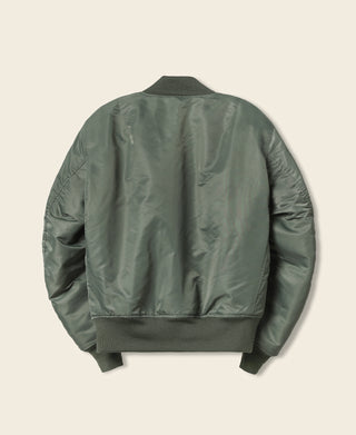 Olive MA-1 flight jacket back view with ribbed knit hem and cuffs