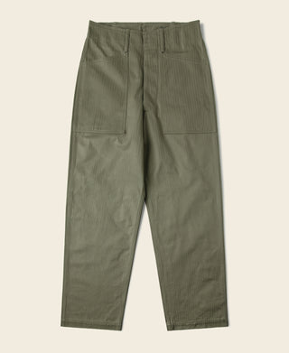 Olive HBT utility fatigue trousers, flat lay front view with belt loops