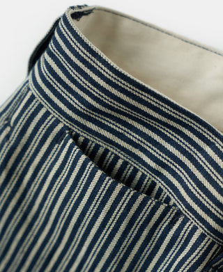 Cream striped work pants, waistband facing with blue-and-cream stripe texture