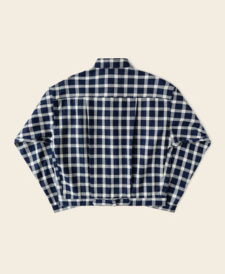 Navy and white plaid work jacket with stand collar, button front, and striped cuffs
