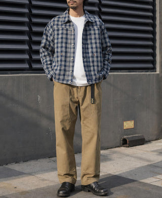 Blue plaid work jacket with button front and chest pockets