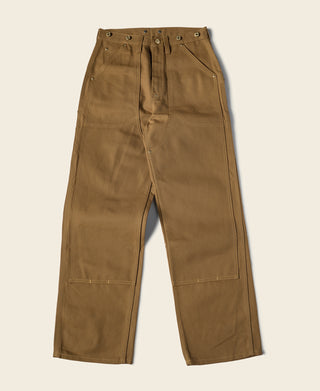 Brown canvas double-knee work pants with button fly and belt loops