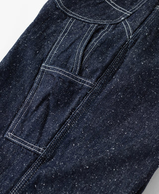 Indigo denim carpenter pants side front pocket seam and bartack stitching