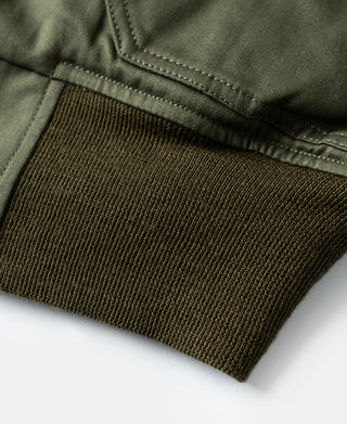 USAAF Type B-10 flight jacket in olive, rib-knit cuff and stitched hem detail