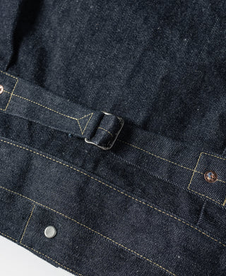 Indigo denim jacket waistband with metal button and loop