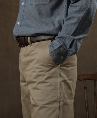 Tan chino trousers with back yoke seam and overlapping rear pocket panels