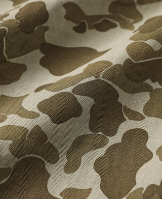 Camouflage duck hunter camo jacket, textured camo canvas fabric close-up
