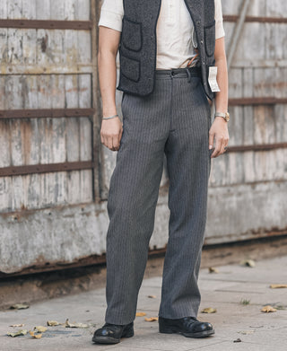 Dark charcoal striped pants with waistband and front pockets
