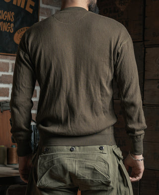 Ribbed long sleeve henley t-shirt in olive-brown, back view with crew collar