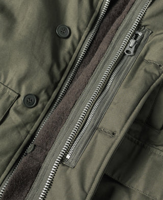 Olive jacket zipper pocket close-up with metal pull and stitching